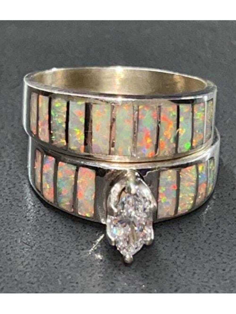 Navajo sterling silver traditional wedding band set cz opal inlay ring size 8